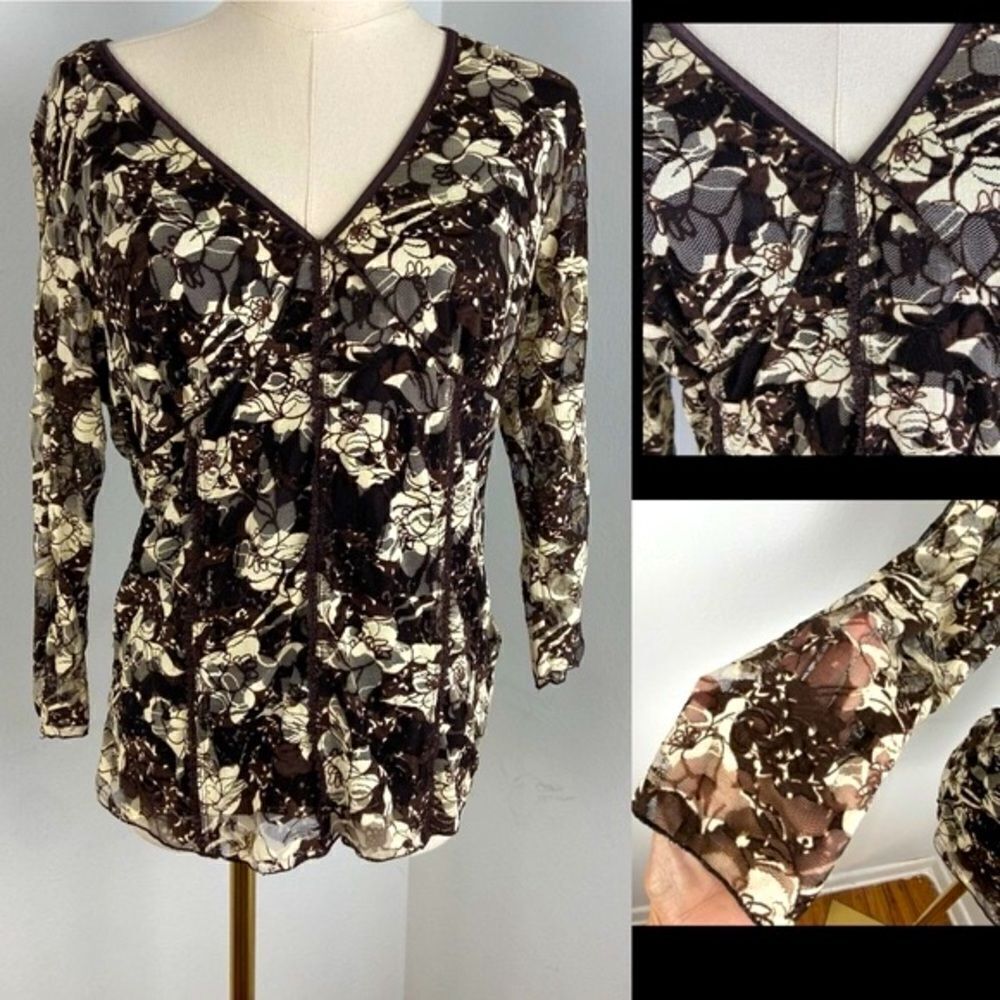 Black & Cream Floral Y2K Babydoll Mesh Top L Fairy Whimsigoth Dark CottageCore‎